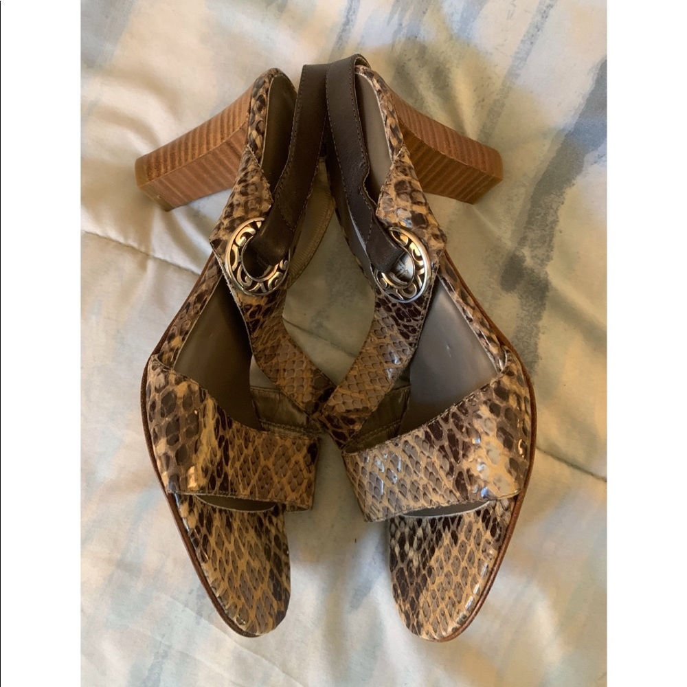 Brighton Brown Snake-Print Leather Block Heel Sandals